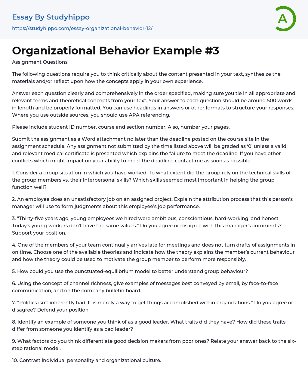 Organizational Behavior Example #3 Essay Example