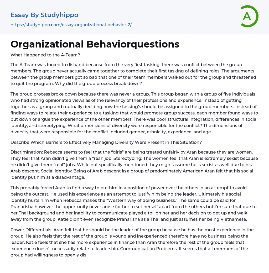 Organizational Behaviorquestions Essay Example