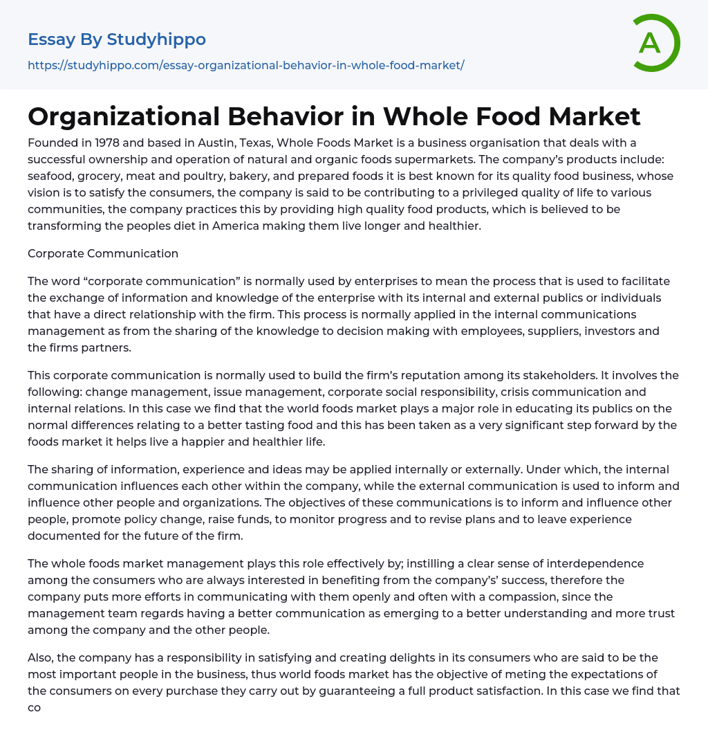 Organizational Behavior in Whole Food Market Essay Example