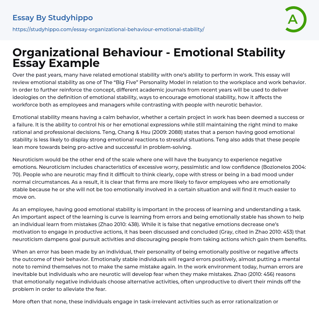 Organizational Behaviour – Emotional Stability Essay Example
