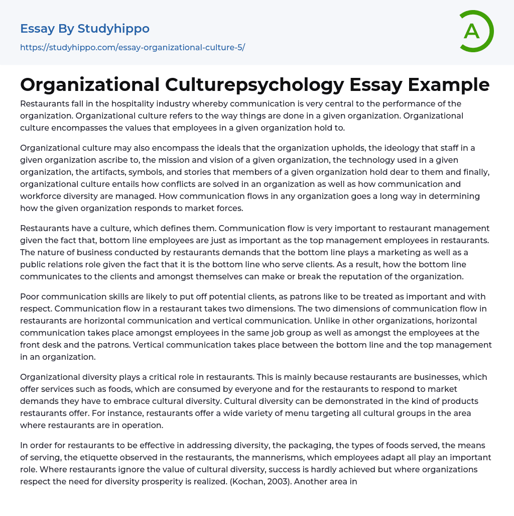 Organizational Culturepsychology Essay Example