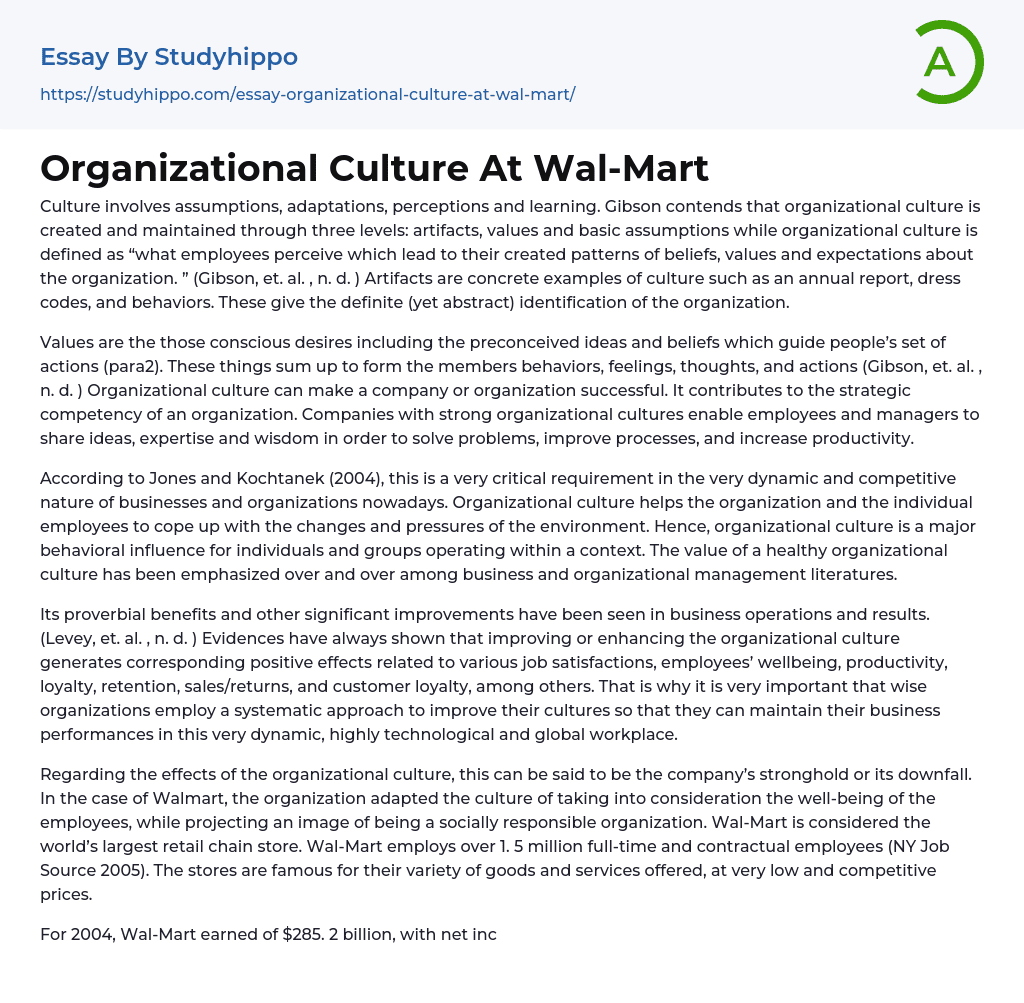 Organizational Culture At Wal-Mart Essay Example