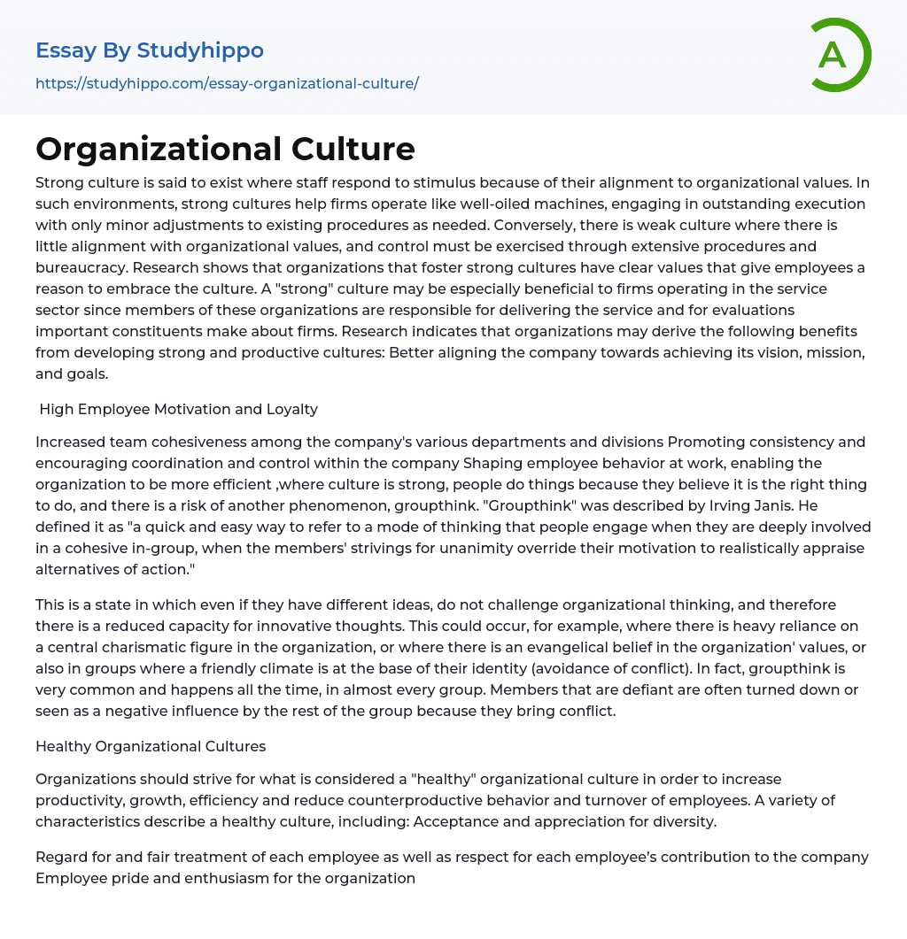 Organizational Culture Essay Example