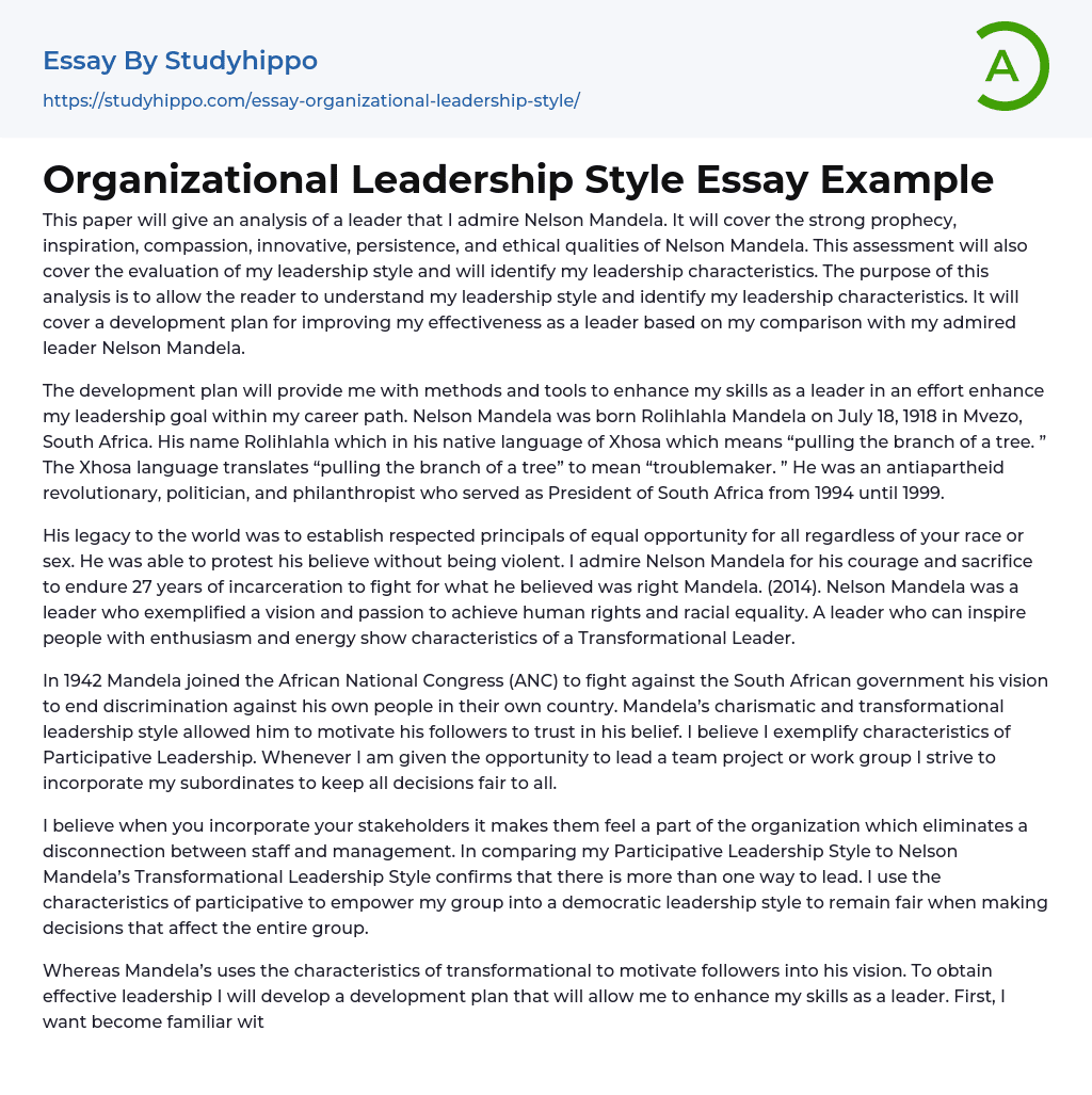 Organizational Leadership Style Essay Example