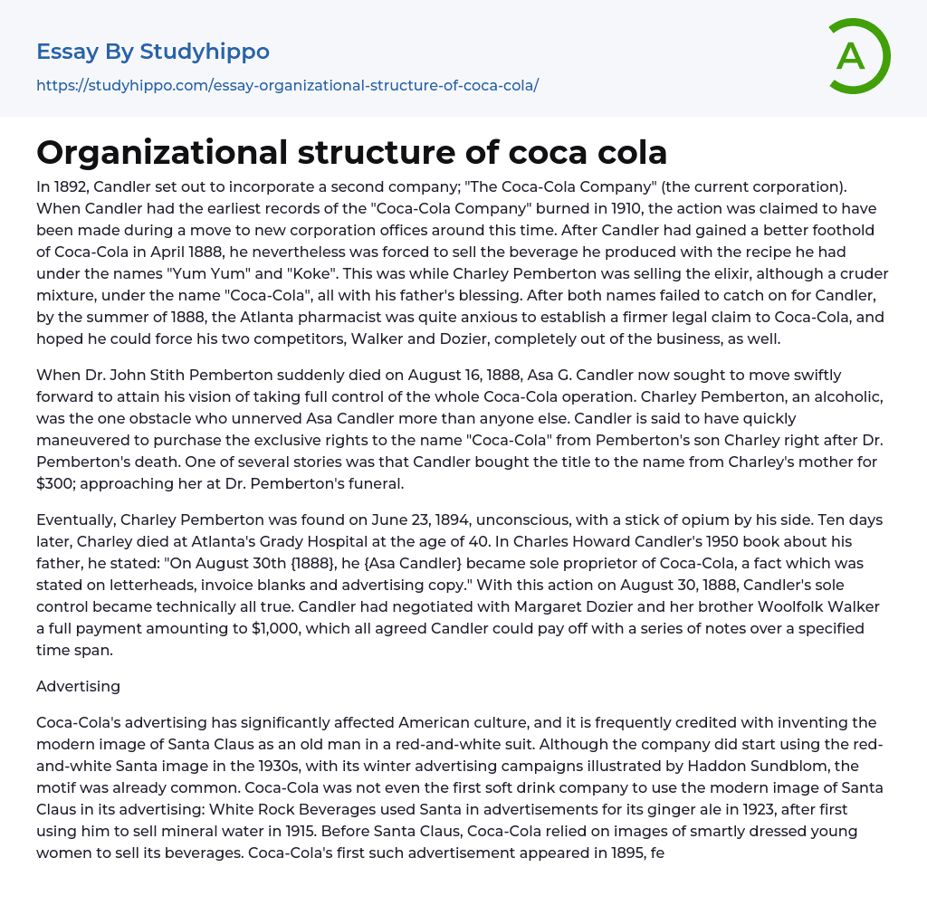 Organizational structure of coca cola Essay Example