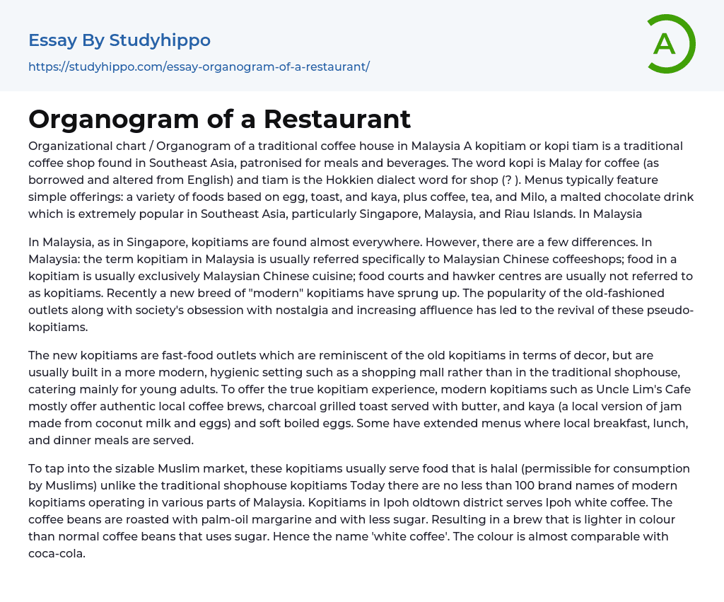 Organogram of a Restaurant Essay Example