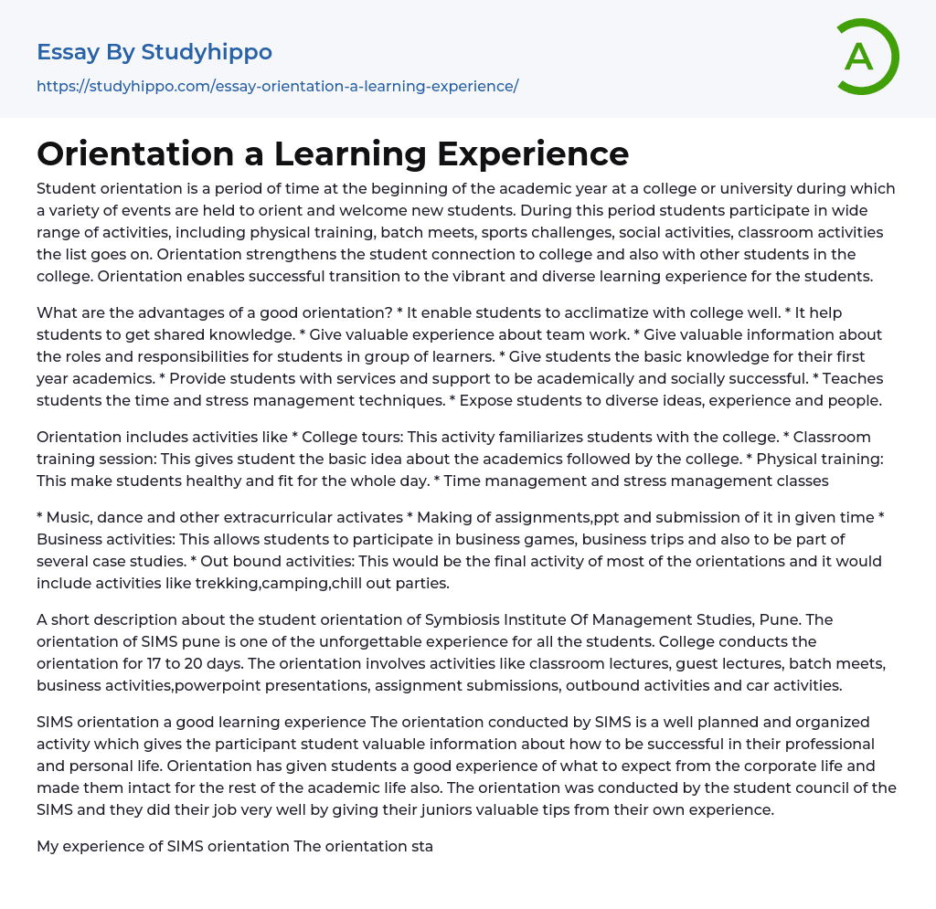 Orientation A Learning Experience Essay Example StudyHippo