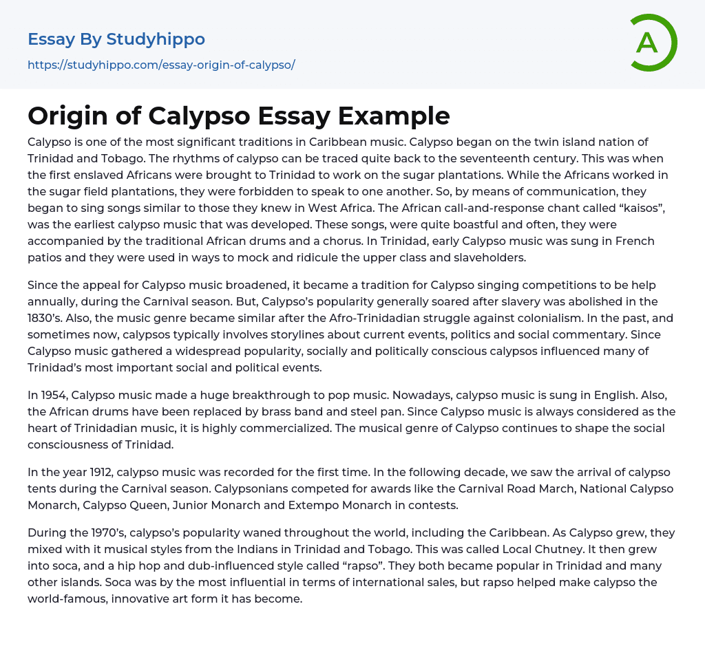 Origin of Calypso Essay Example
