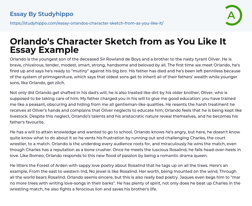 Orlando’s Character Sketch from as You Like It Essay Example