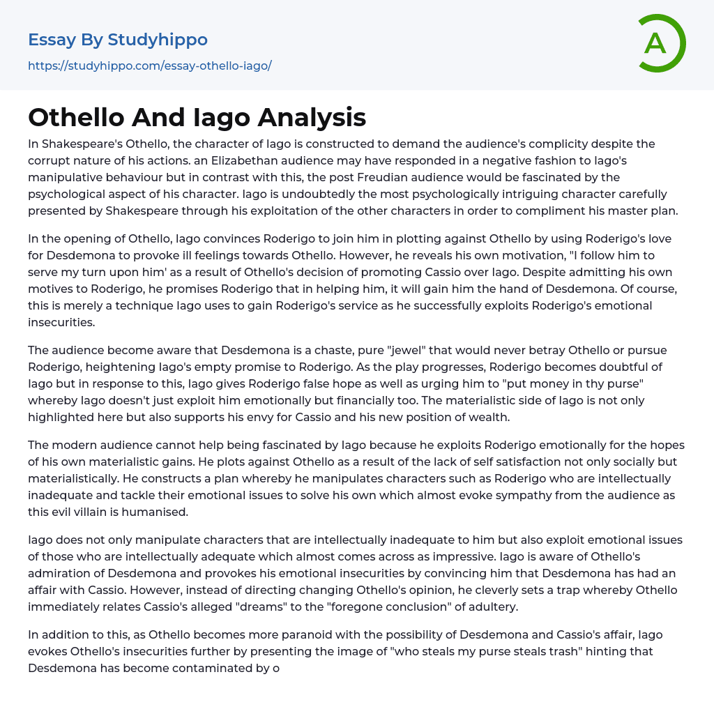 Othello And Iago Analysis Essay Example