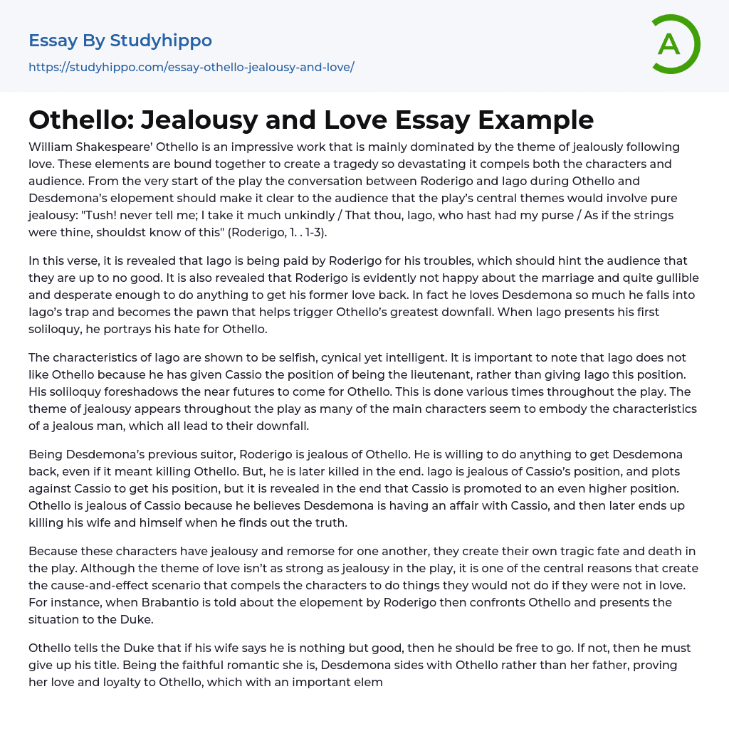 Othello: Jealousy and Love Essay Example