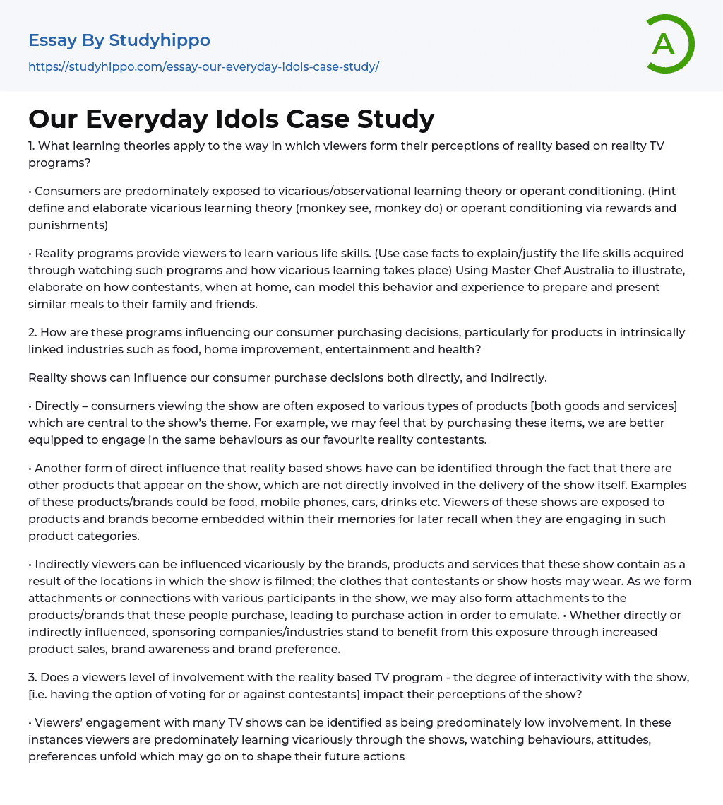 Our Everyday Idols Case Study Essay Example