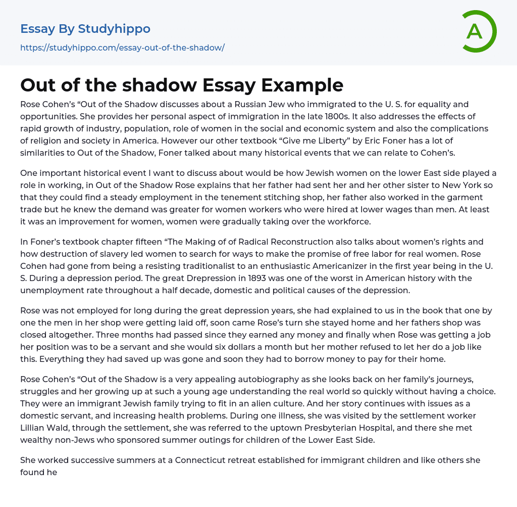 Out of the shadow Essay Example