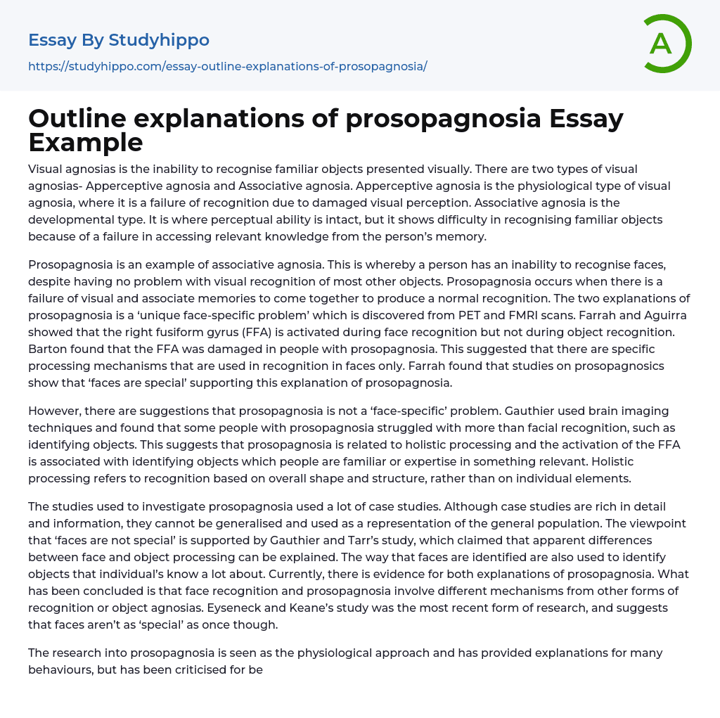 Outline explanations of prosopagnosia Essay Example