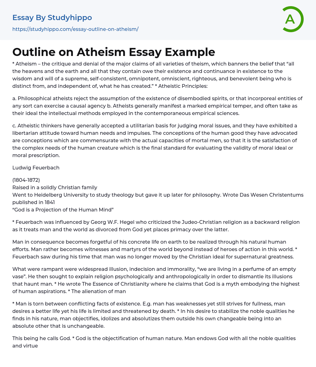 Outline on Atheism Essay Example