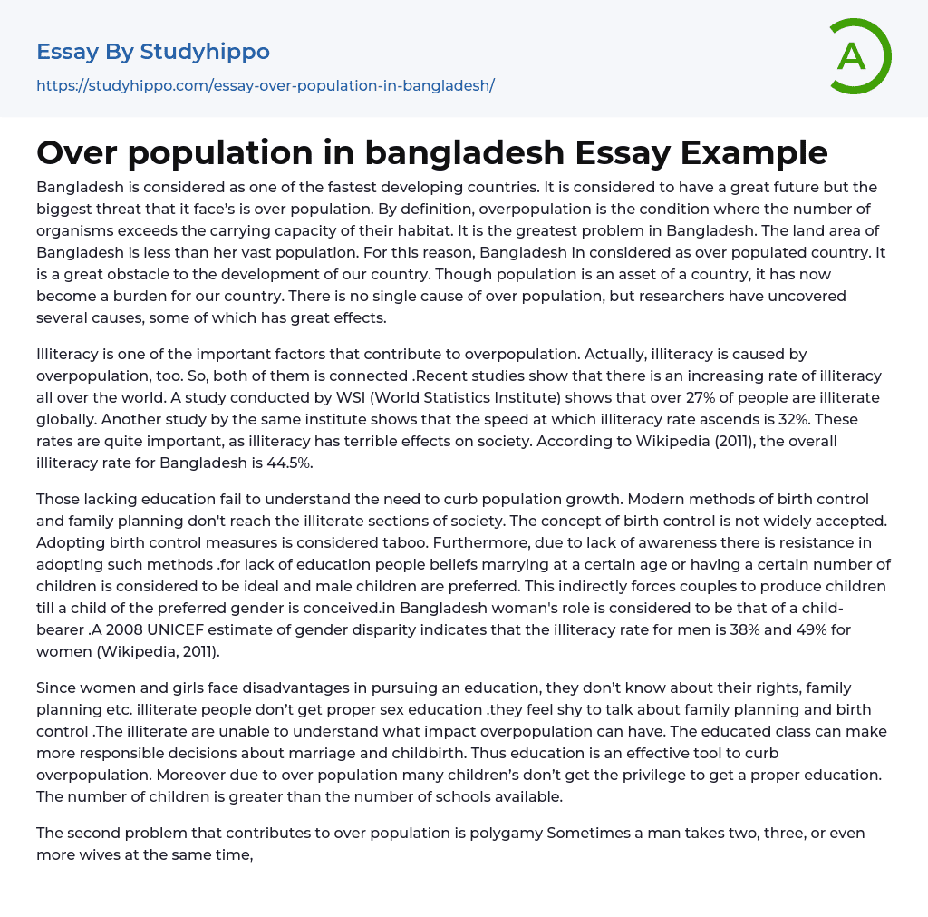 Over population in bangladesh Essay Example