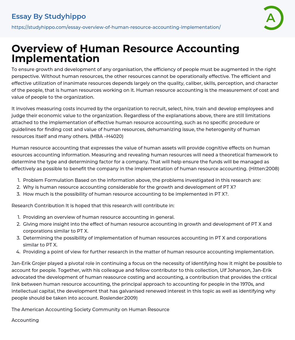 Overview of Human Resource Accounting Implementation Essay Example