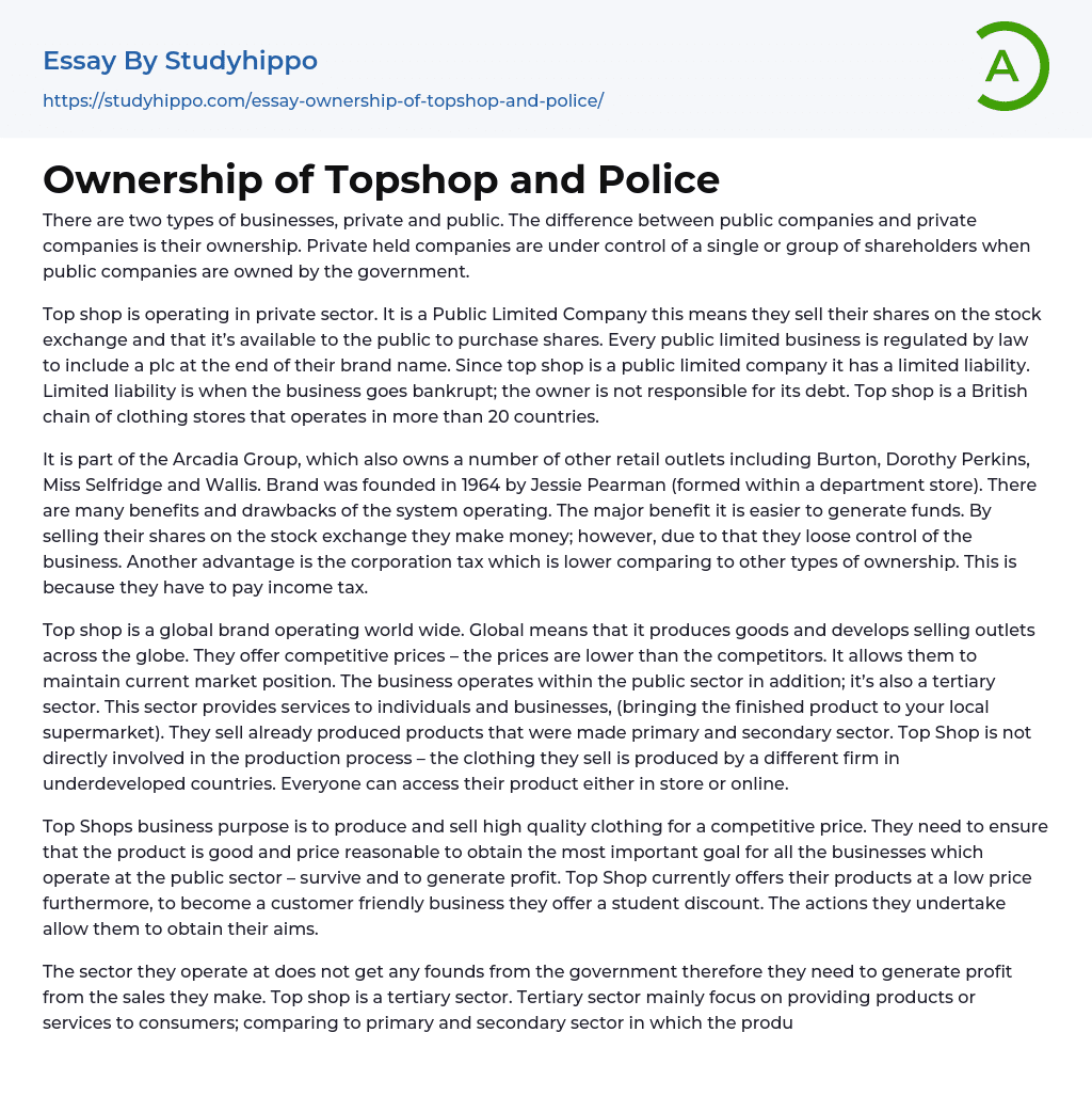 Ownership of Topshop and Police Essay Example