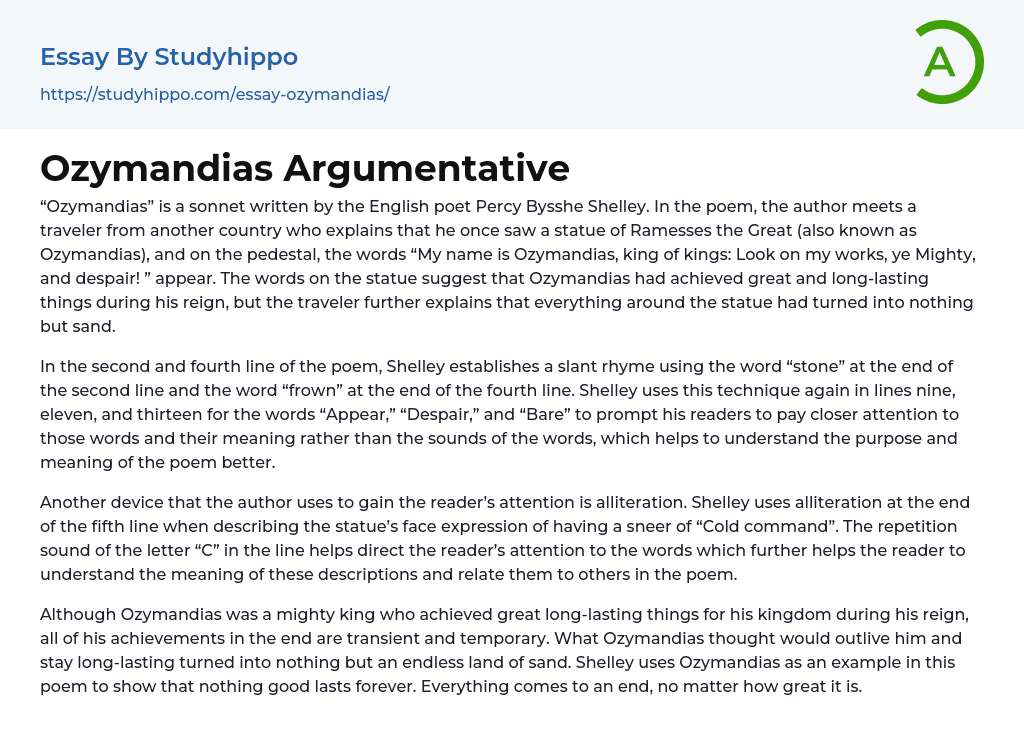 Ozymandias Argumentative Essay Example