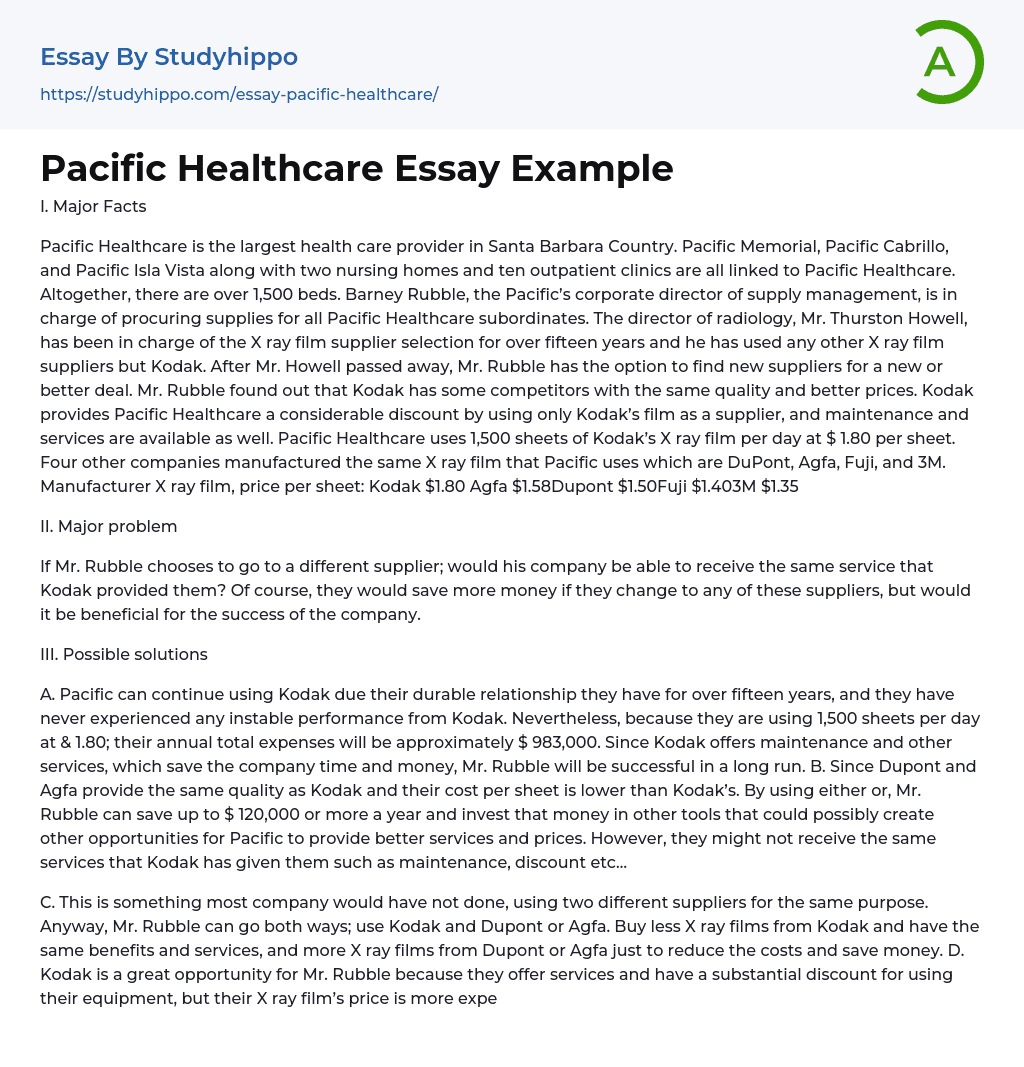 Pacific Healthcare Essay Example
