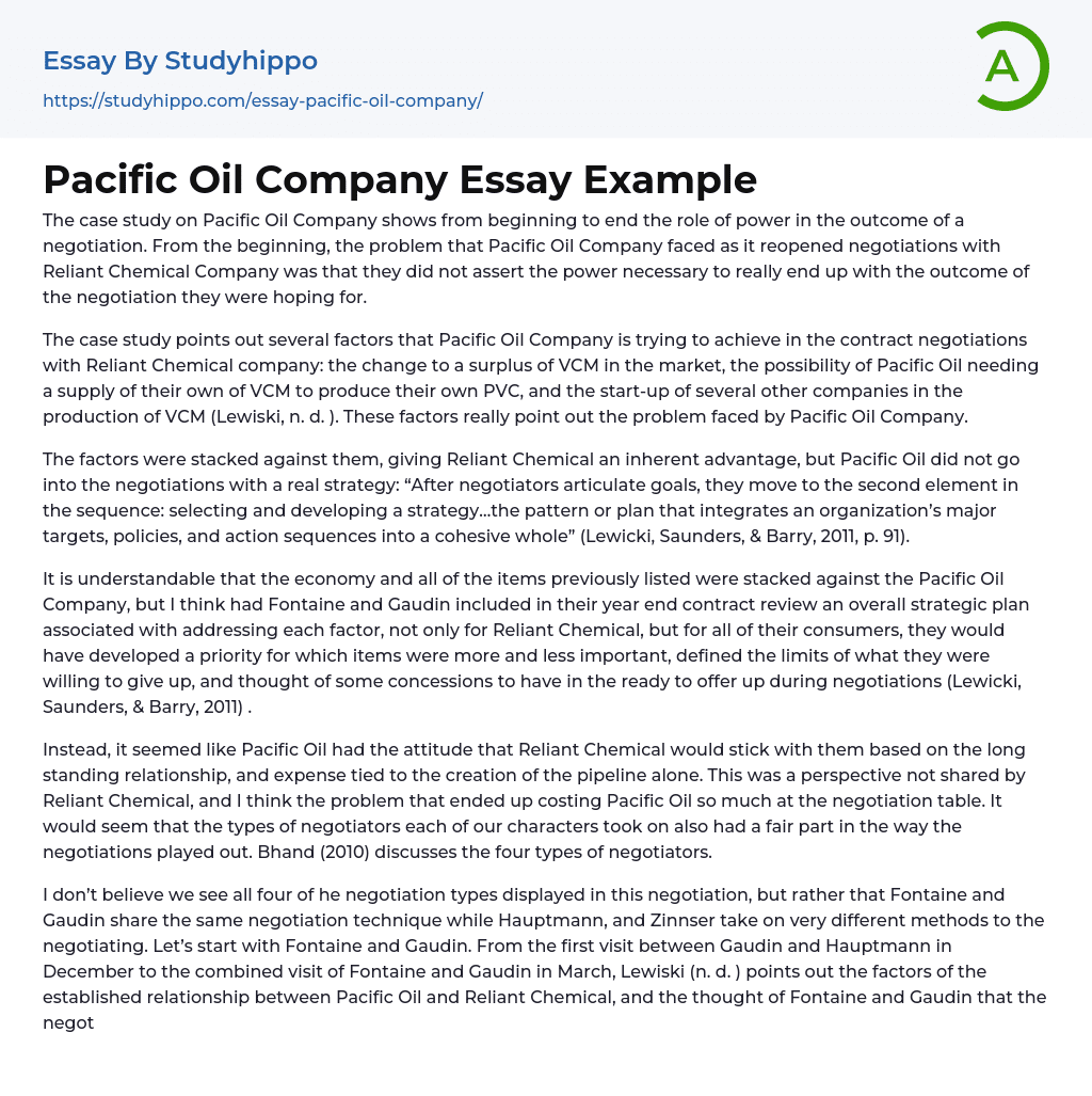 Pacific Oil Company Essay Example