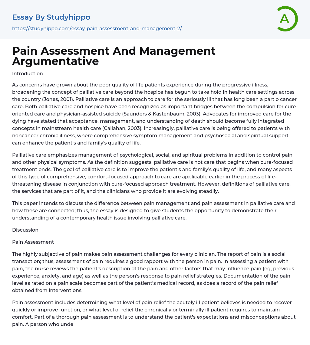 Pain Assessment And Management Argumentative Essay Example