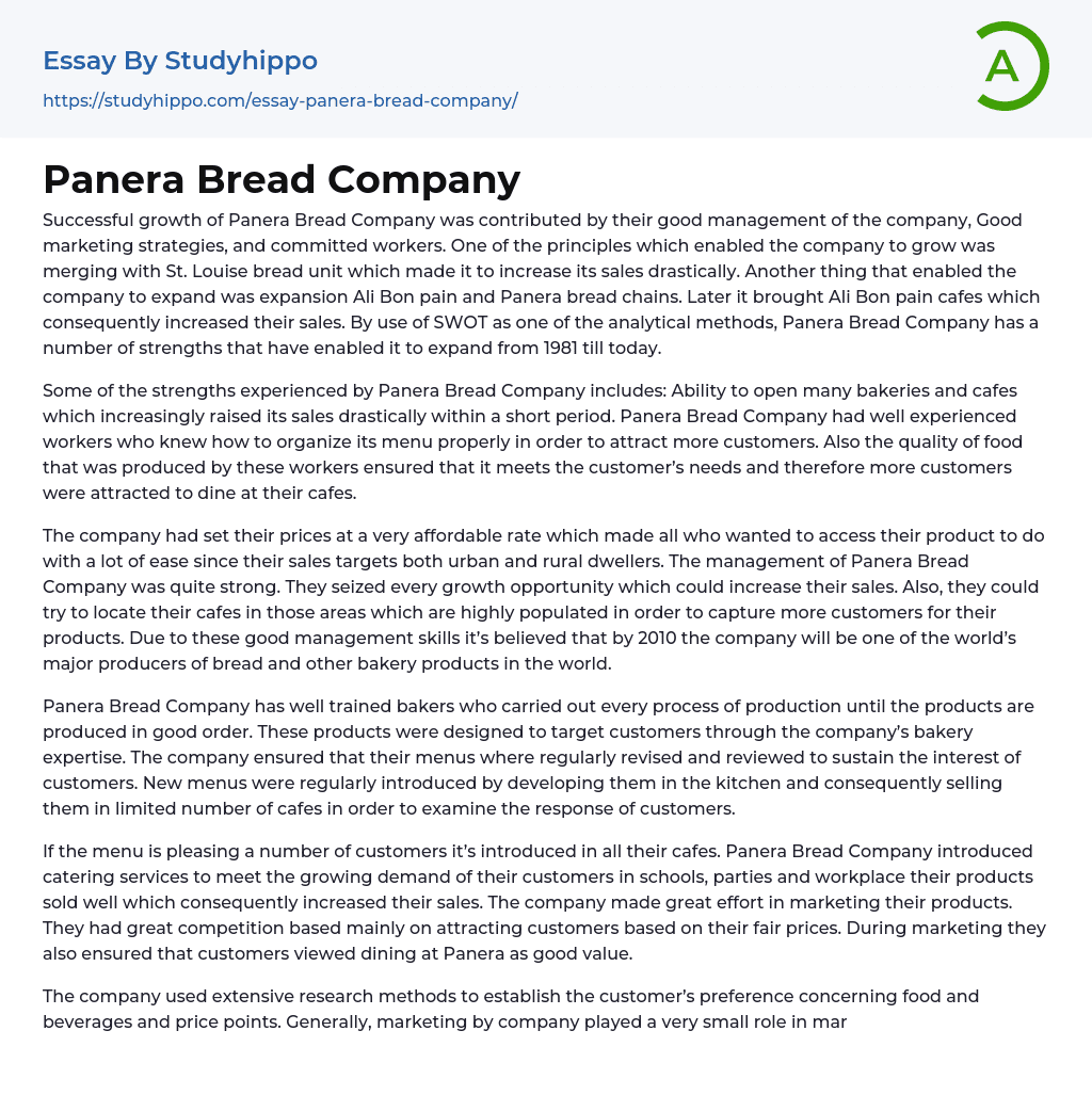 Panera Bread Company Essay Example