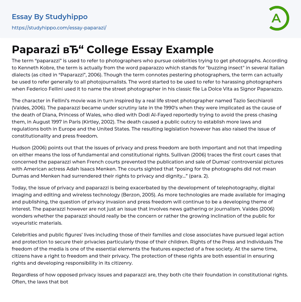 Paparazi College Essay Example