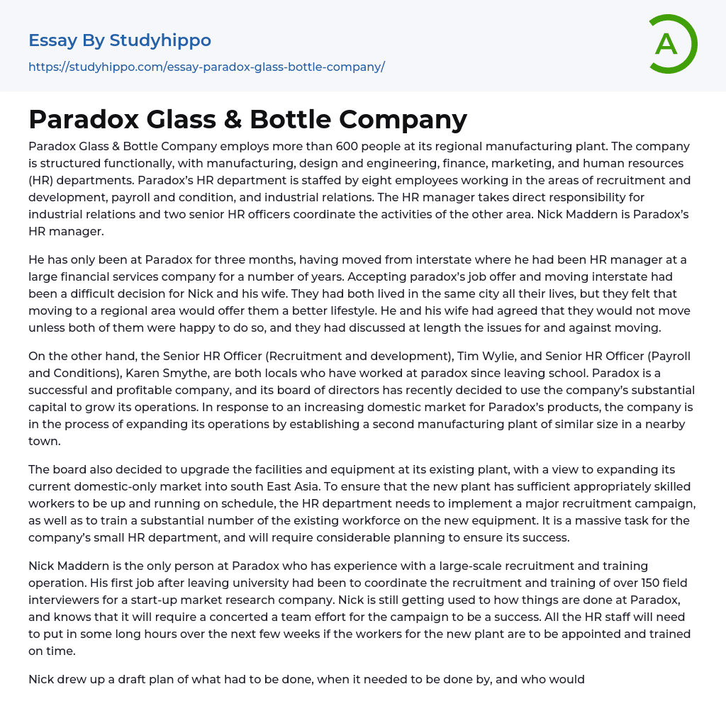 Paradox Glass & Bottle Company Essay Example