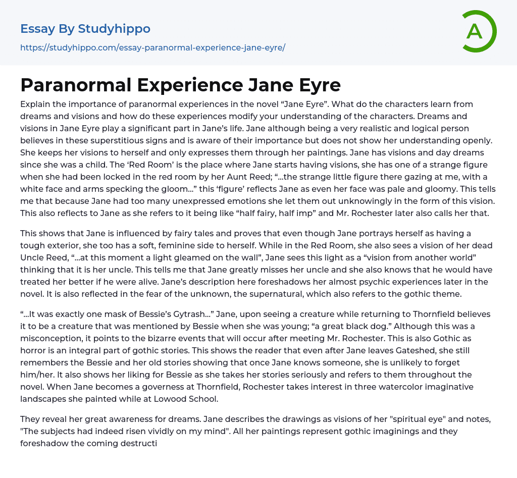 Paranormal Experience Jane Eyre Essay Example