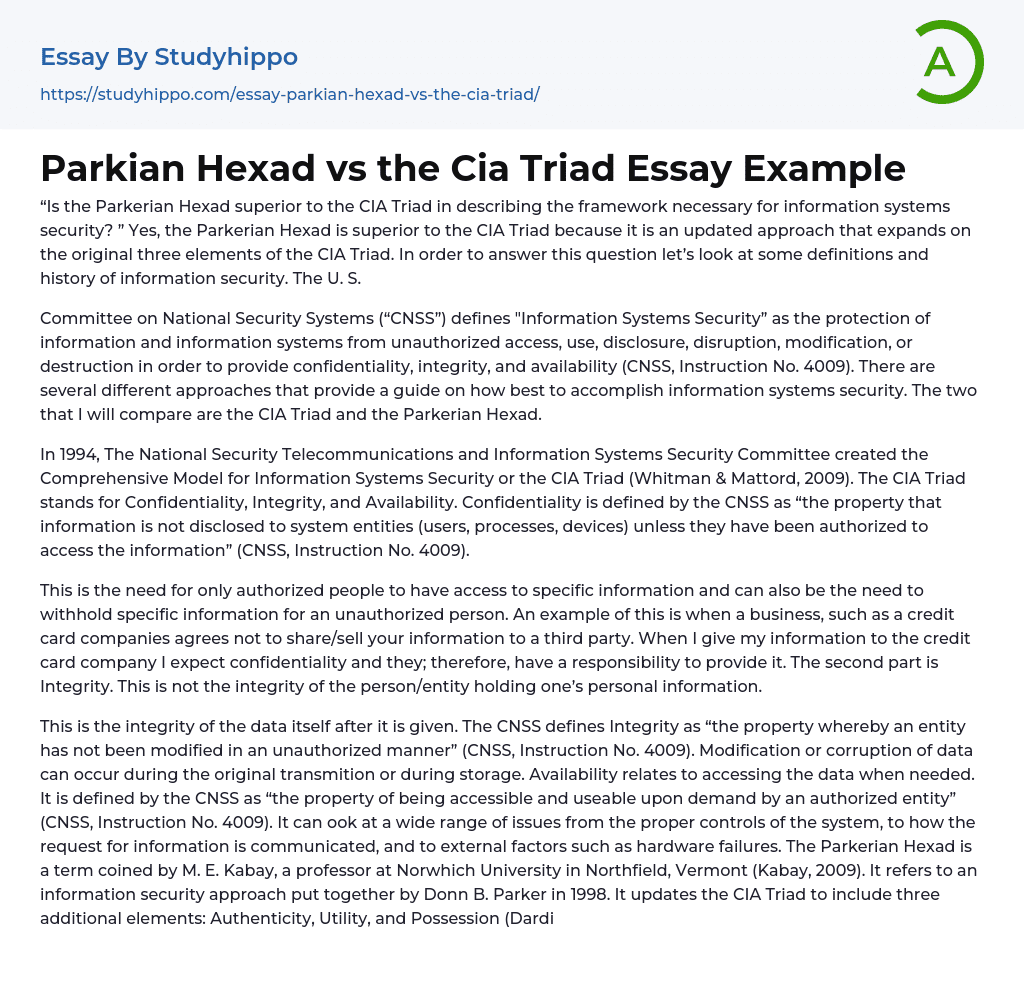 Parkian Hexad vs the Cia Triad Essay Example