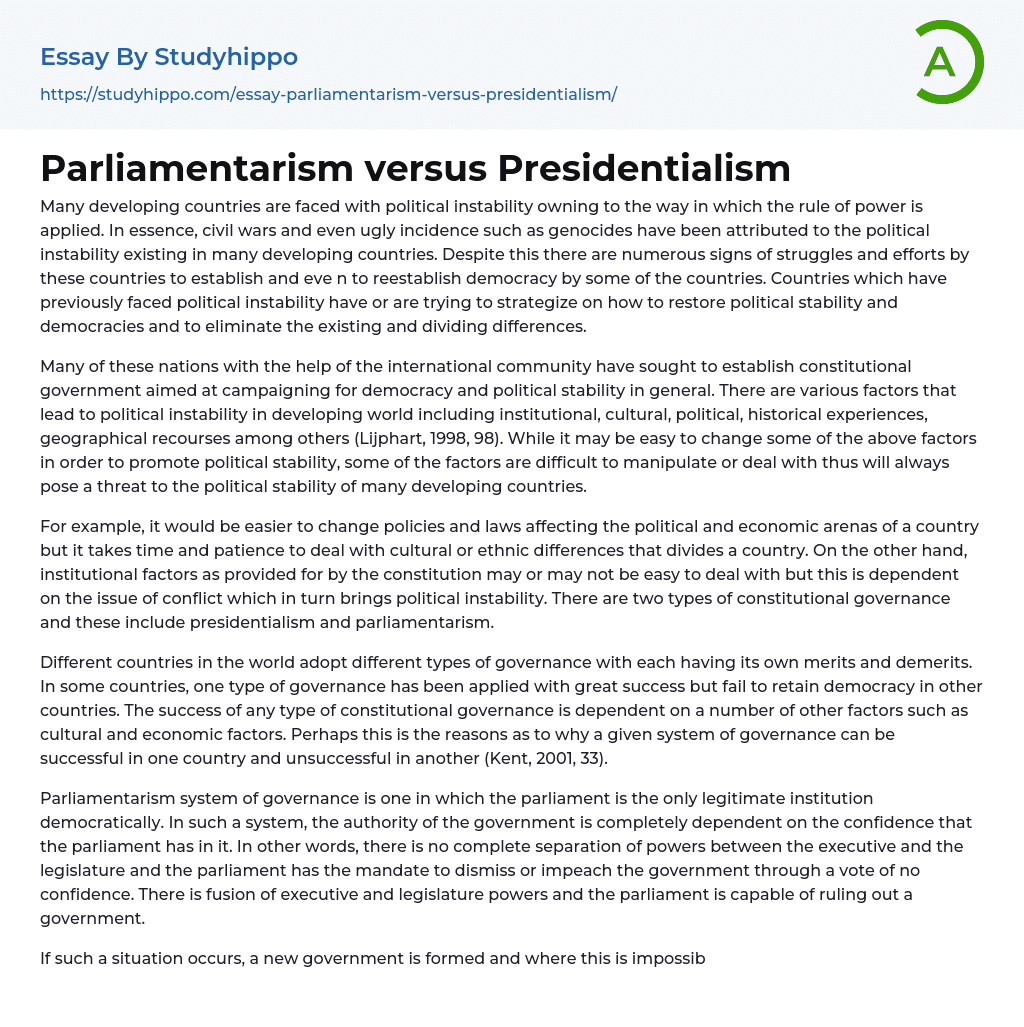 Parliamentarism versus Presidentialism Essay Example