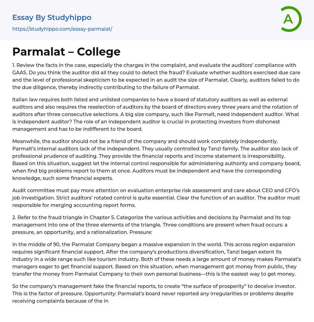 Parmalat – College Essay Example