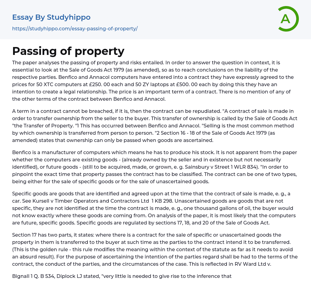 Passing of property Essay Example