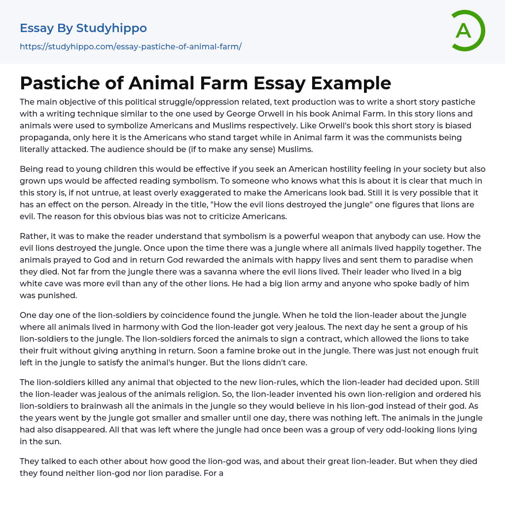 Pastiche of Animal Farm Essay Example