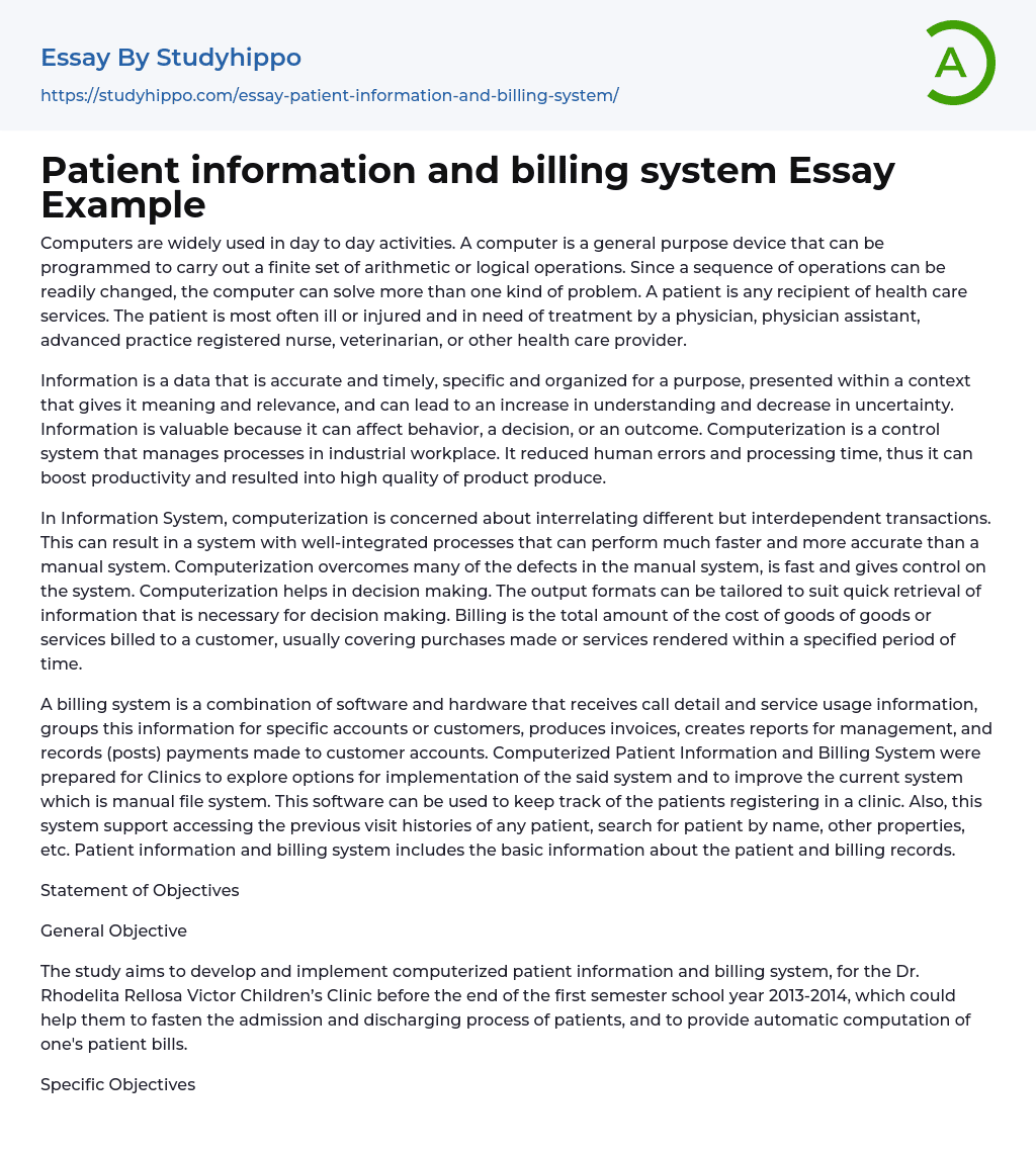 Patient information and billing system Essay Example