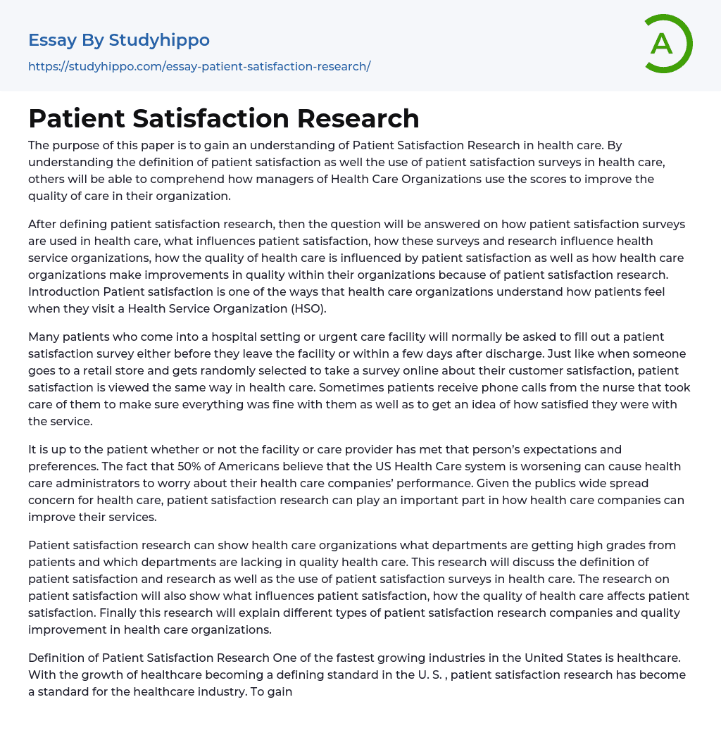 Patient Satisfaction Research Essay Example