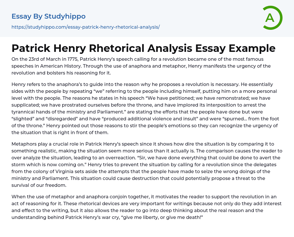 patrick henry speech rhetorical analysis essay