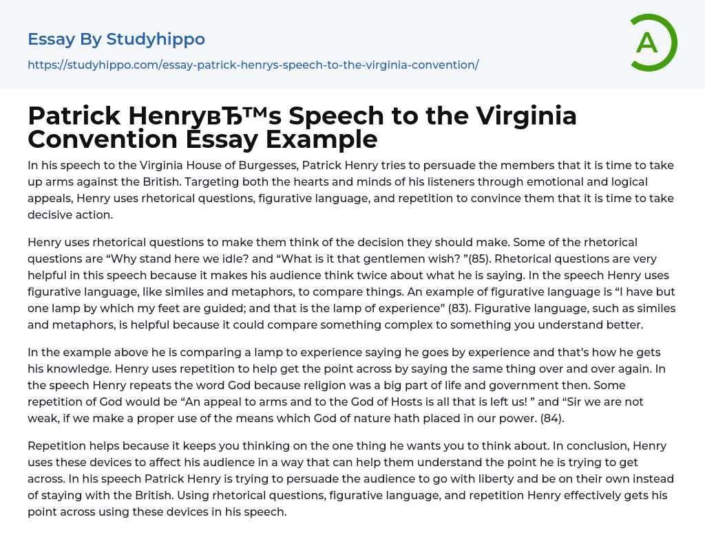 Patrick Henry’s Speech to the Virginia Convention Essay Example