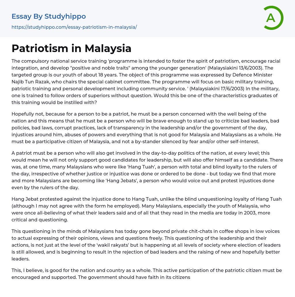 Patriotism in Malaysia Essay Example