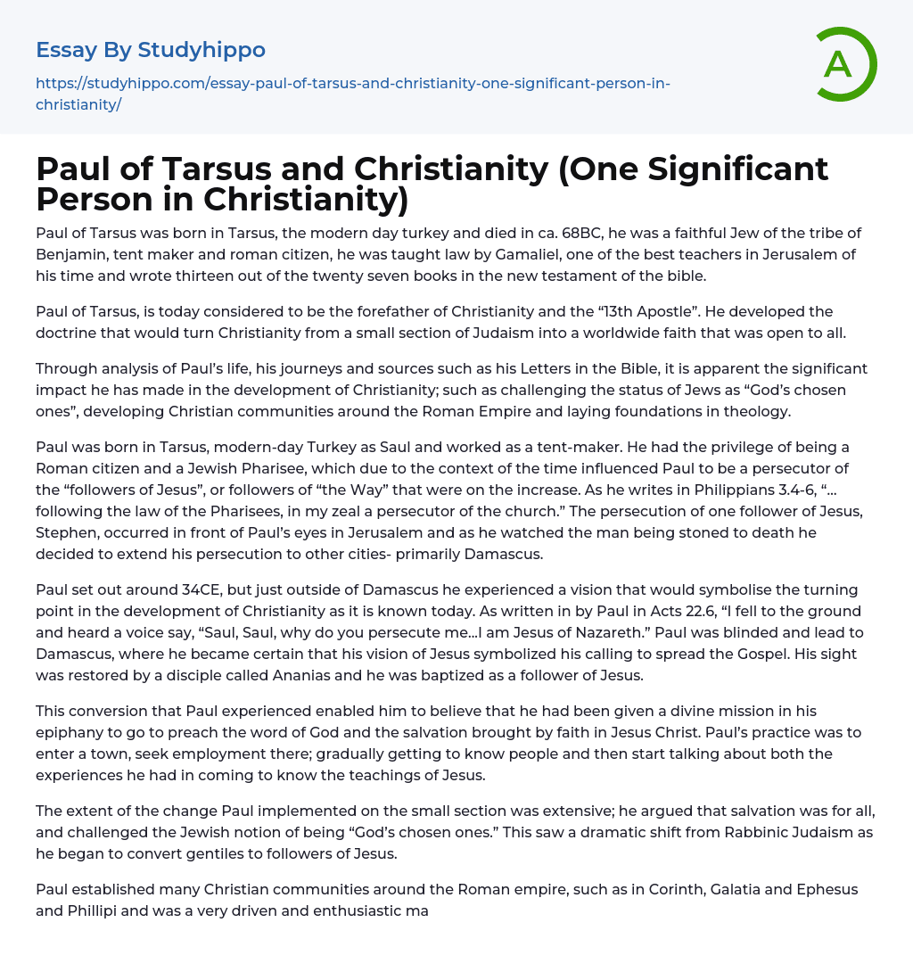 Paul of Tarsus and Christianity (One Significant Person in Christianity) Essay Example