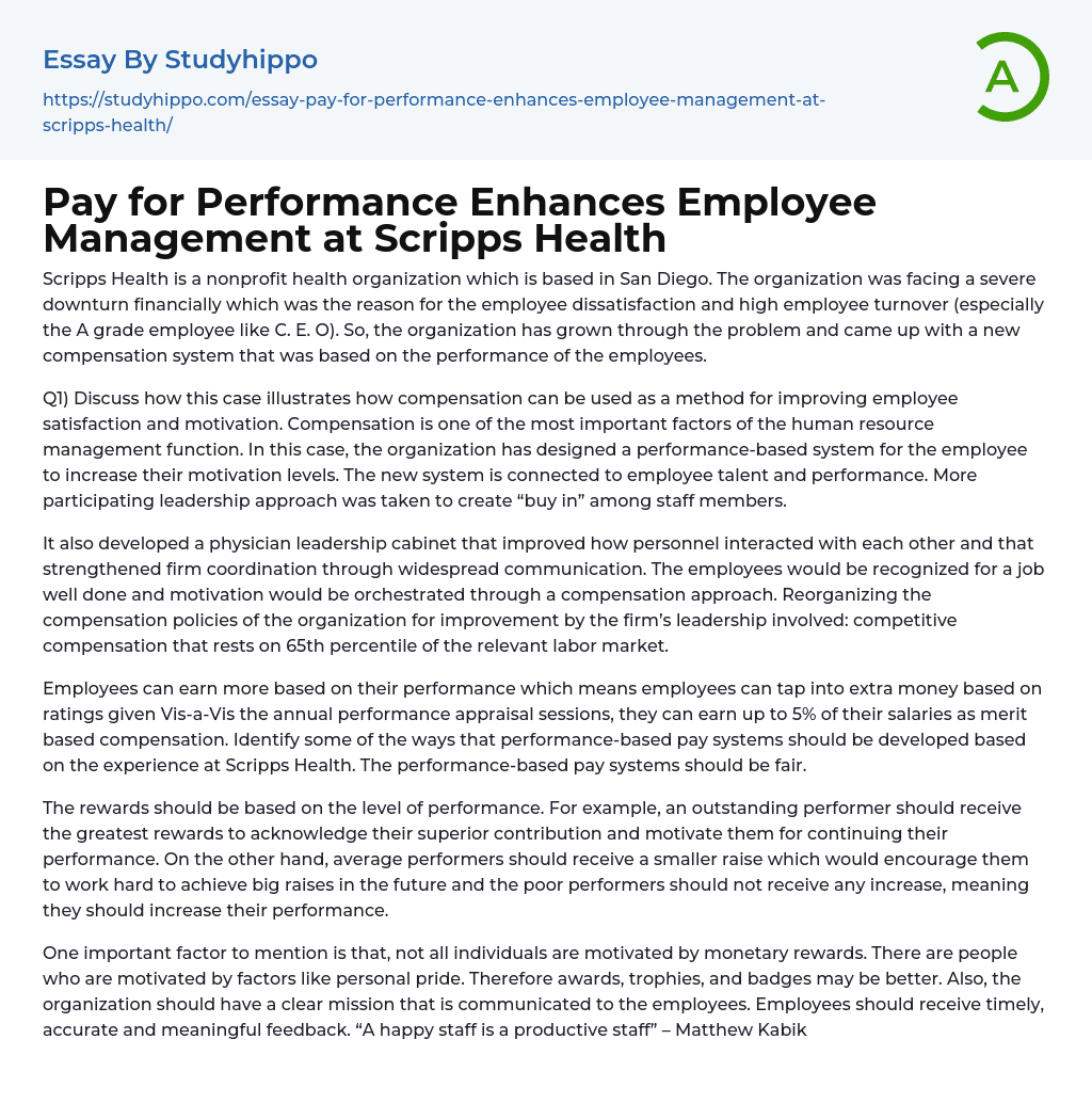 Pay for Performance Enhances Employee Management at Scripps Health Essay Example