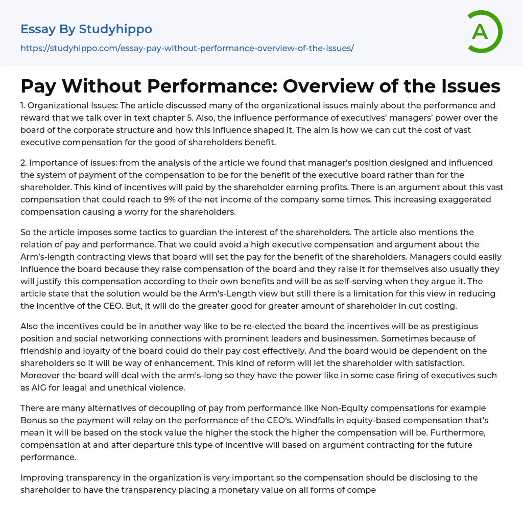 Pay Without Performance: Overview of the Issues Essay Example