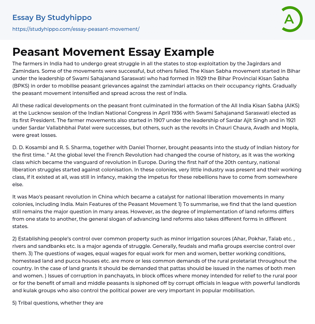 Peasant Movement Essay Example