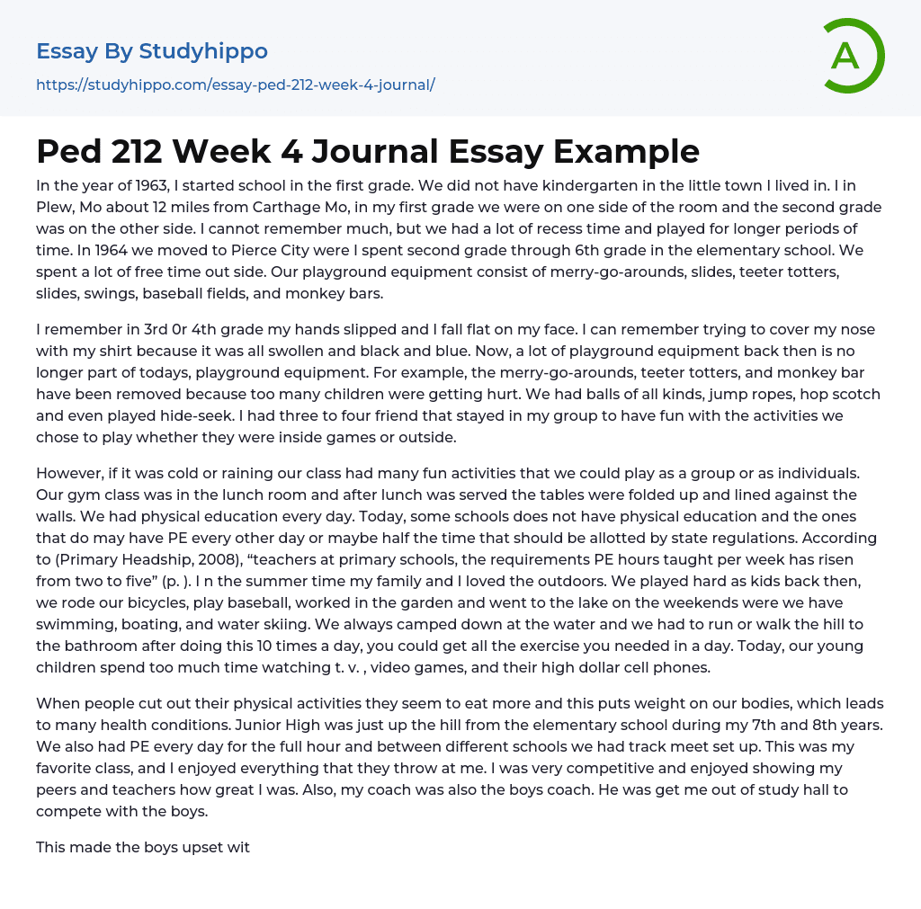 Ped 212 Week 4 Journal Essay Example
