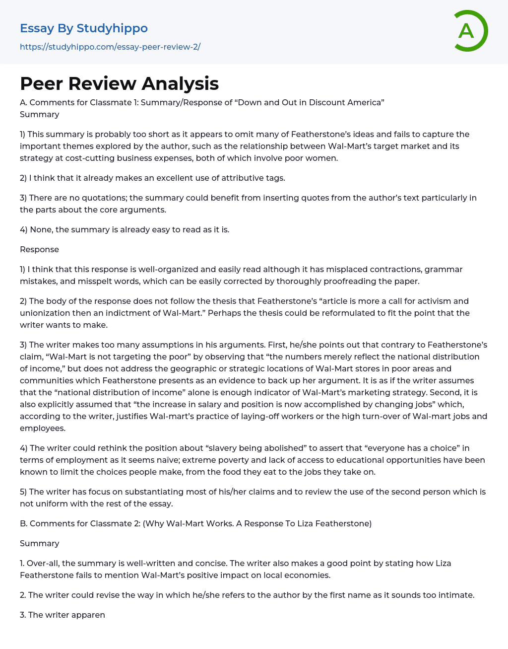 Peer Review Analysis Essay Example