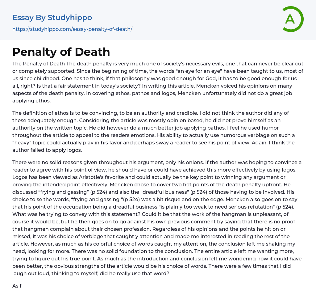 Penalty of Death Essay Example