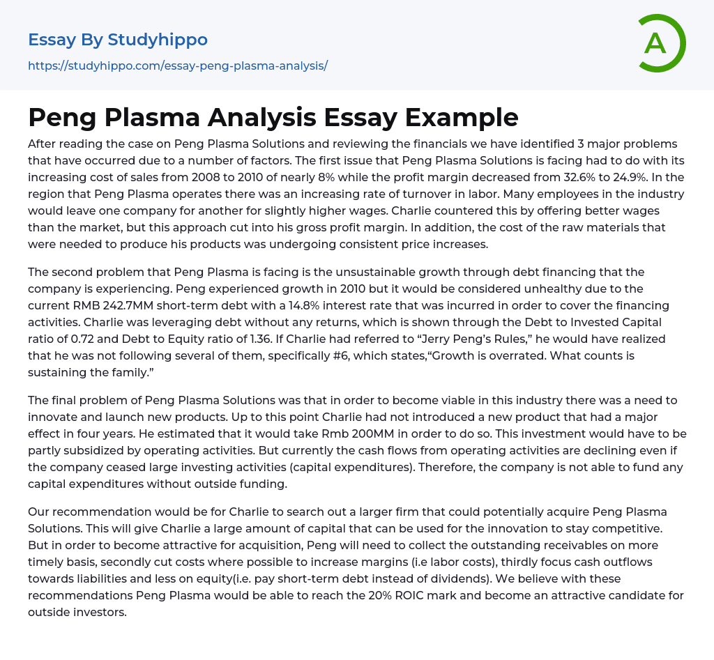 Peng Plasma Analysis Essay Example