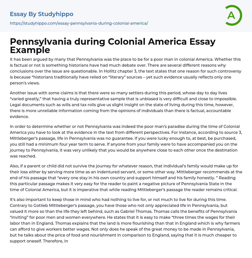 Pennsylvania during Colonial America Essay Example