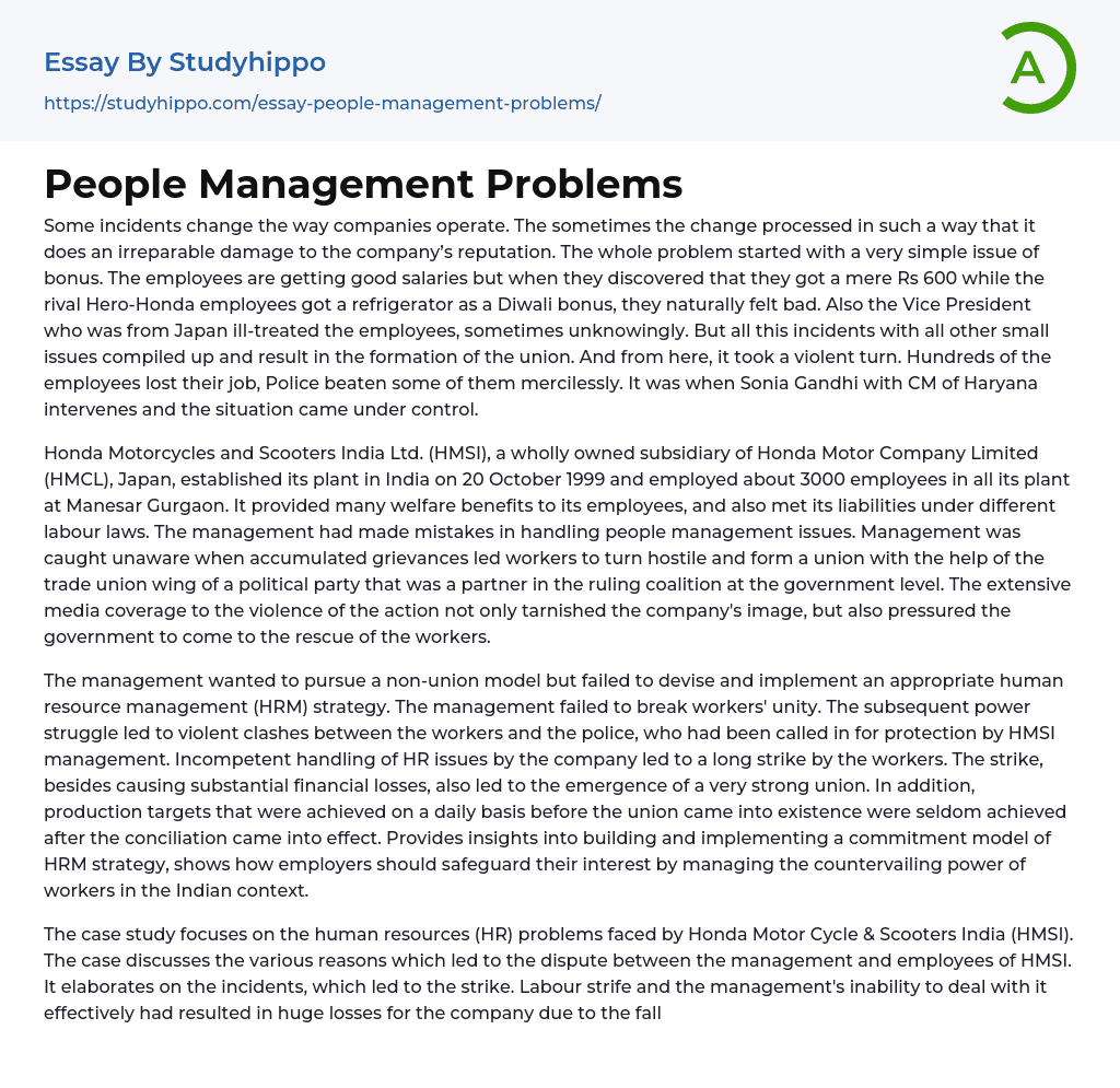 People Management Problems Essay Example